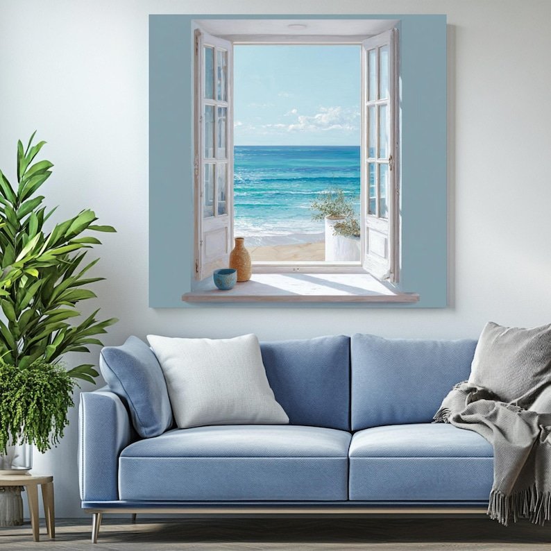 Open Window Wall Art, Canvas or Poster, Mediterranean Window View Print, Coastal Window Poster, Living Room Décor, Cottage Wall Art - Image 4