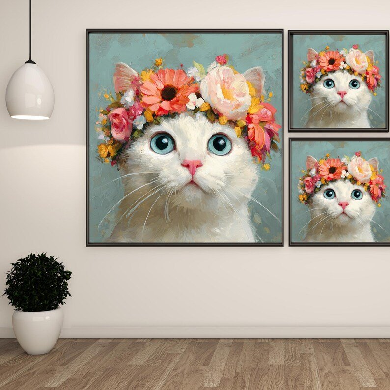 Floral Cat Wall Art, Canvas Or Poster, Bohemian Home Decor, Cat Lovers Gift, Modern Decor, Cat Wall Hanging, Feline Print, Home Decor - Image 2