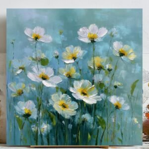 White Cosmos Flower Wall Art, Canvas Or Poster, Floral Oil Painting, Teal Botanical Decor, Living Room Decor, Modern Farmhouse Wall Hanging