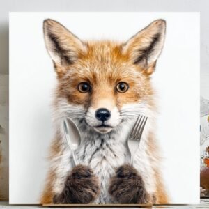 Fox With Spoon And Fork, Canvas Or Poster, Funny Animal Wall Art, Kitchen Wall Decor, Whimsical Fox Print, Home Wall Hanging, Cute Fox Art