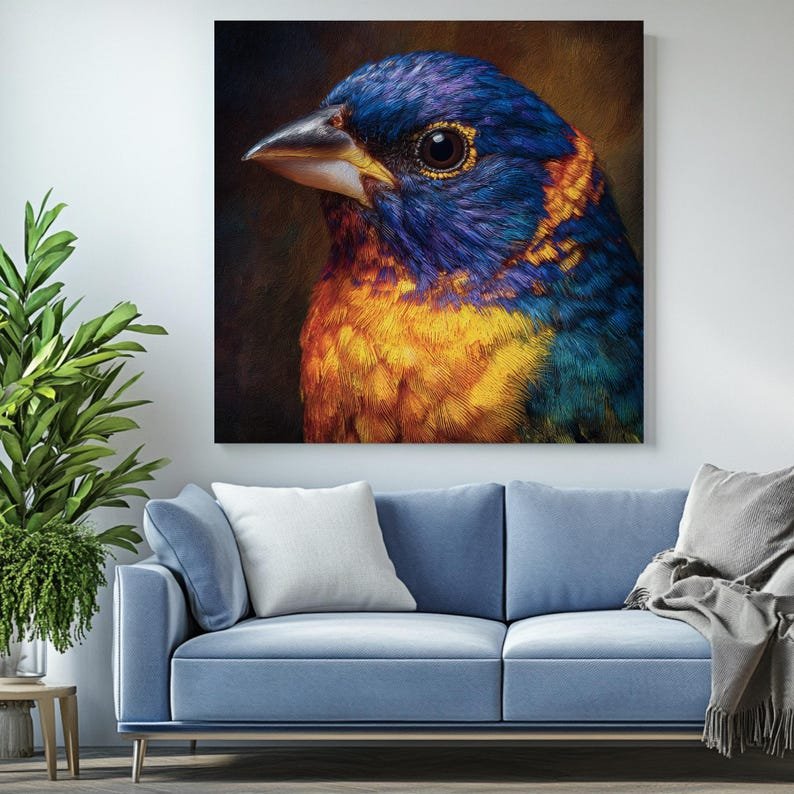 Painted Bunting Wall Art, Canvas or Poster, Modern Nature Wall Decor, Bird Lover Gift, Living Room Office Wall Hanging, Blue Orange Design - Image 4