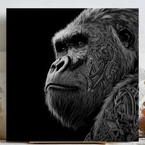 Gorilla Wall Art, Canvas Or Poster, Black And White Tribal Design, Modern Animal Print, Masculine Home Decor, Jungle Wall Hanging,Office Art