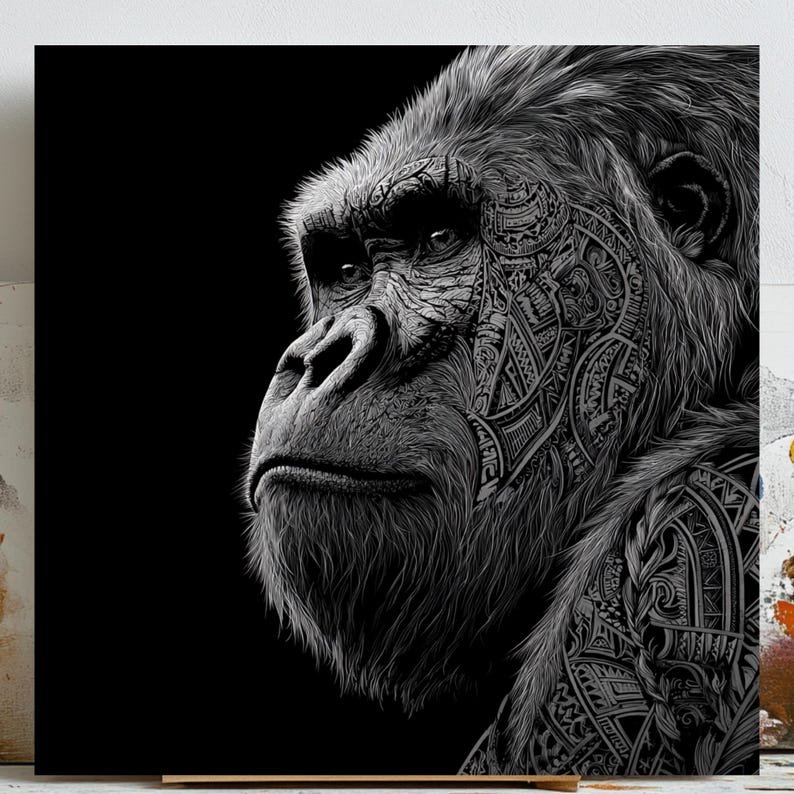 Gorilla Wall Art, Canvas Or Poster, Black And White Tribal Design, Modern Animal Print, Masculine Home Decor, Jungle Wall Hanging,Office Art