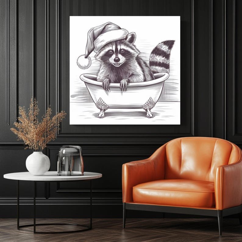 Christmas Raccoon Art, Canvas Or Poster, Christmas Decor, Holiday Art, Bathtub Art, Animal Bathroom Art, Raccoon In Bathtub, Bathroom Decor - Image 3