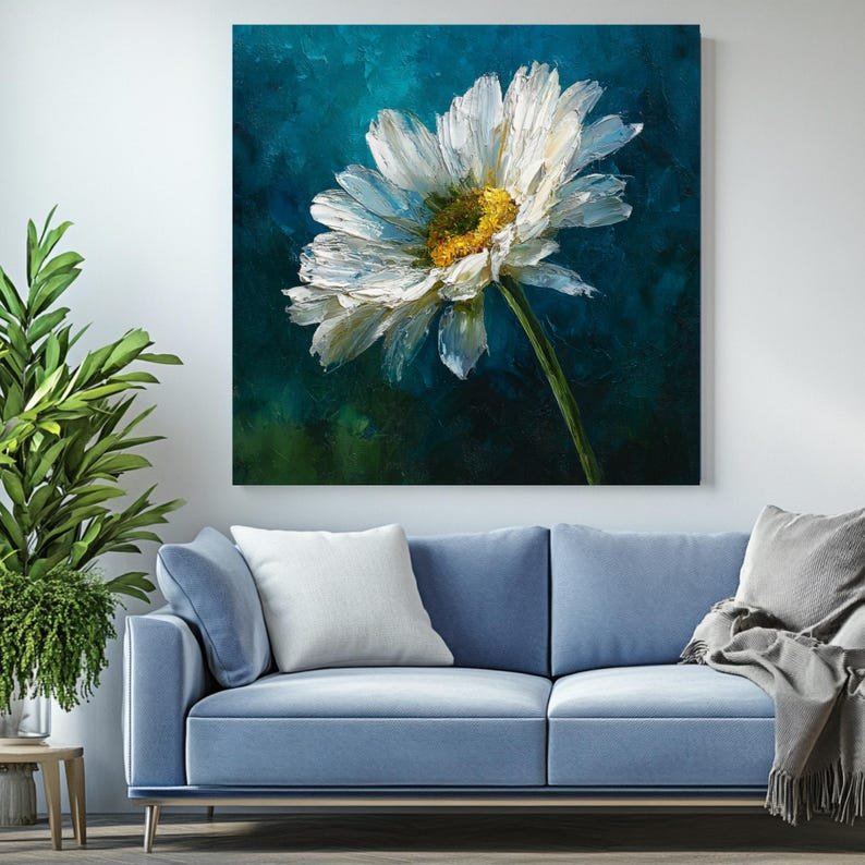 White Daisy Wall Art, Canvas or Poster, Impressionist Floral Painting, Teal Navy Background, Botanical Decor, Modern Farmhouse Flower Art - Image 3
