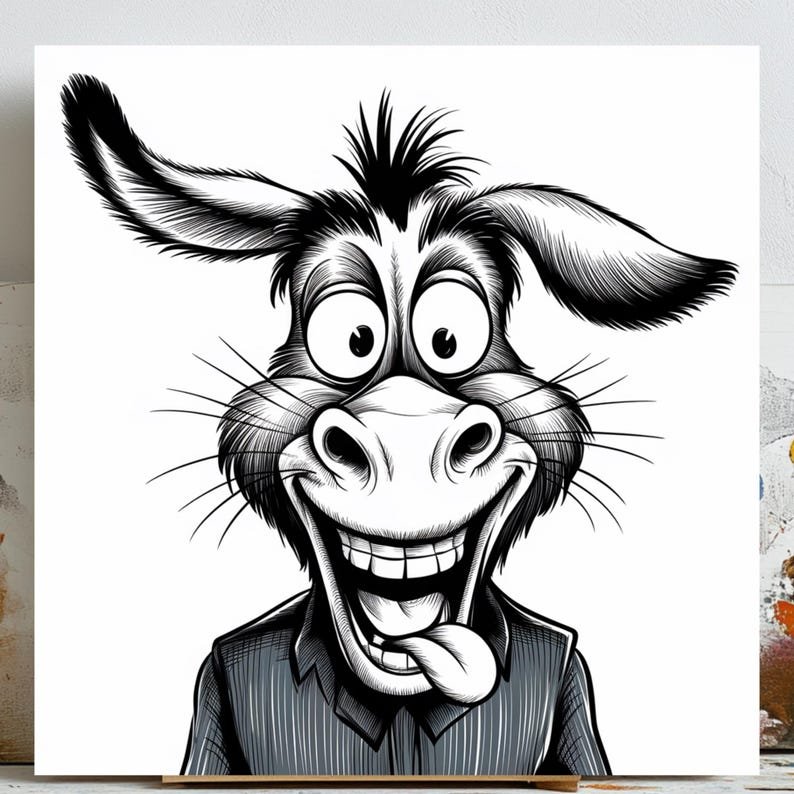 Donkey Cartoon Portrait, Canvas or Poster, Funny Animal Wall Art, Whimsical Farmhouse Decor, Living Room Office Kids Room Wall Hanging