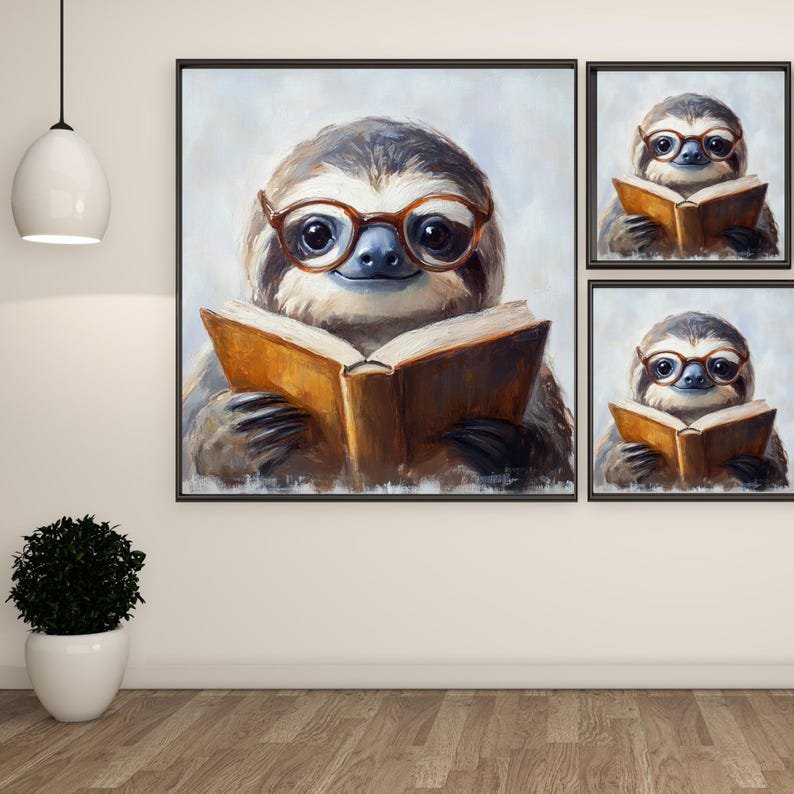 Sloth Reading Book Wall Art, Canvas or Poster, Sloth Wall Decor, Book Lover Gift, Library Decor, Cute Sloth Art, Modern Decor, Nursery Decor - Image 2