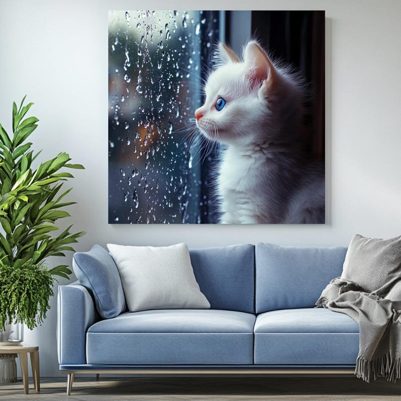 White Kitten Canvas Or Poster, Cat Wall Decor, Home Decor, Living Room Decor, Bedroom Decor, Rainy Day Poster,Rain Window Scene,Blue Eye Cat - Image 4