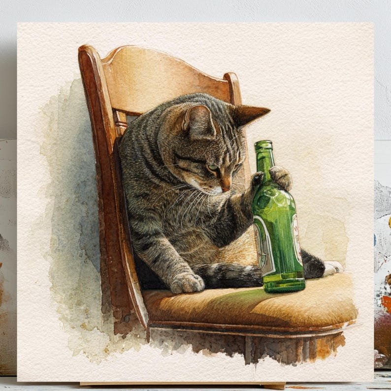 Cat With Bottle Art, Canvas Or Poster, Whimsical Animal Decor, Funny Wall Art, Home Decor, Unique Cat Artwork, Living Room Hanging
