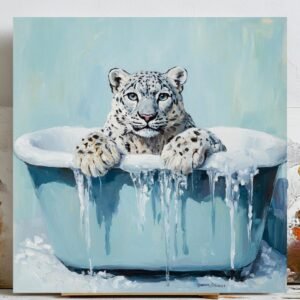 Snow Leopard in Bathtub, Canvas or Poster, Bathroom Wall Art, Cute Animal Decor, Wildlife Print, Bathroom Wall Hanging, Snow Leopard Print