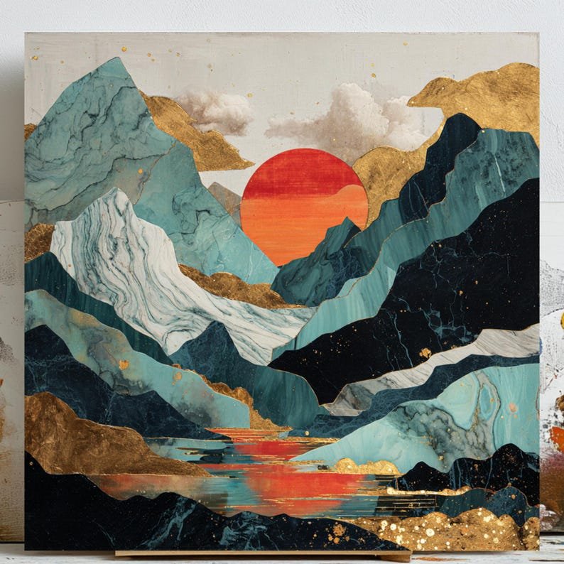 Sunset Mountain Wall Art, Canvas or Poster, Abstract Nature Painting, Living Room Bedroom Office Wall Art, Home Decor, Gift for Art Lovers