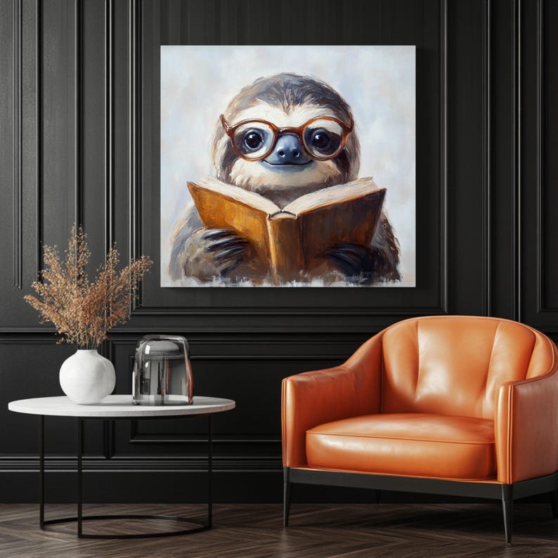 Sloth Reading Book Wall Art, Canvas or Poster, Sloth Wall Decor, Book Lover Gift, Library Decor, Cute Sloth Art, Modern Decor, Nursery Decor - Image 3