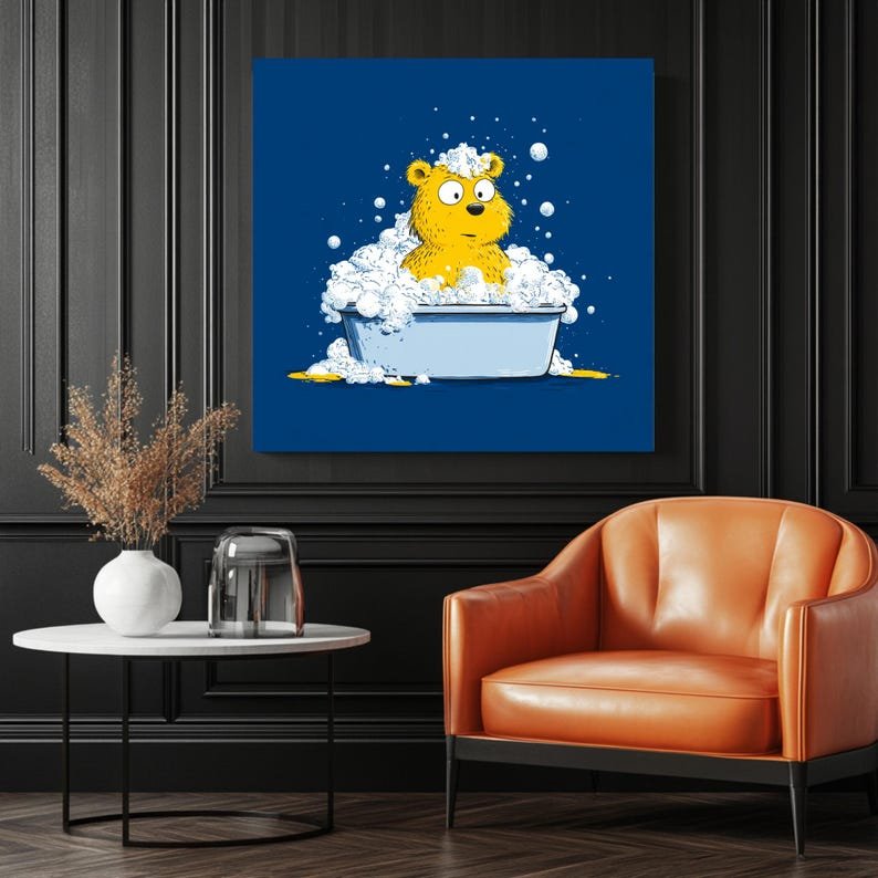 Yellow Bear Bath Wall Art, Canvas Or Poster, Bathroom Decor, Cute Animal Print, Nursery Wall Art, Funny Bear Painting, Kids Wall Decor - Image 3