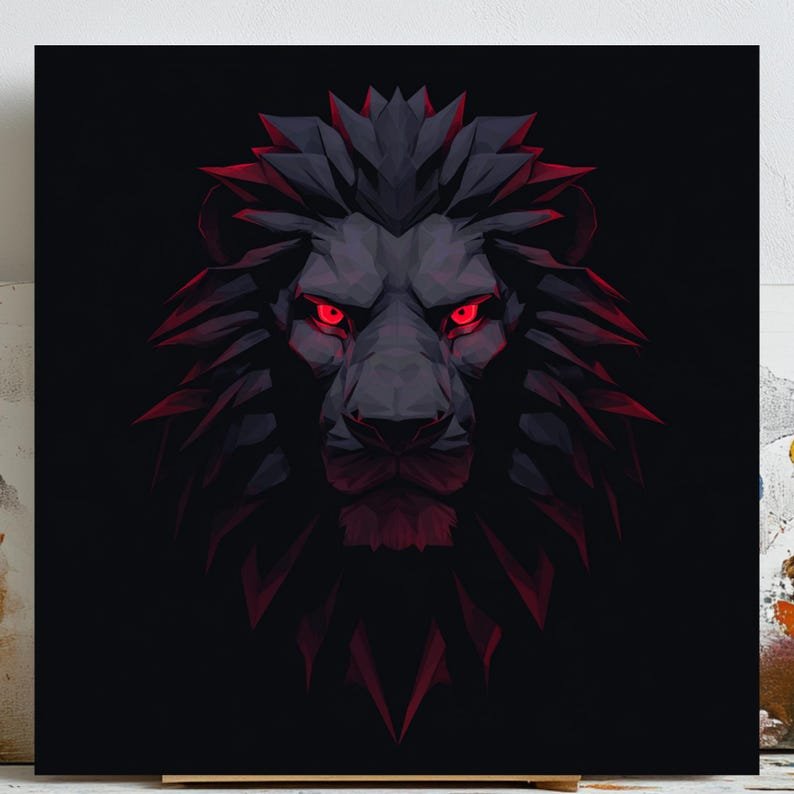 Dark Lion Wall Art, Canvas Or Poster, Geometric Lion Red Eyes, Modern Home Decor, Gaming Room Wall Art, Masculine Gift, Fierce Animal Art