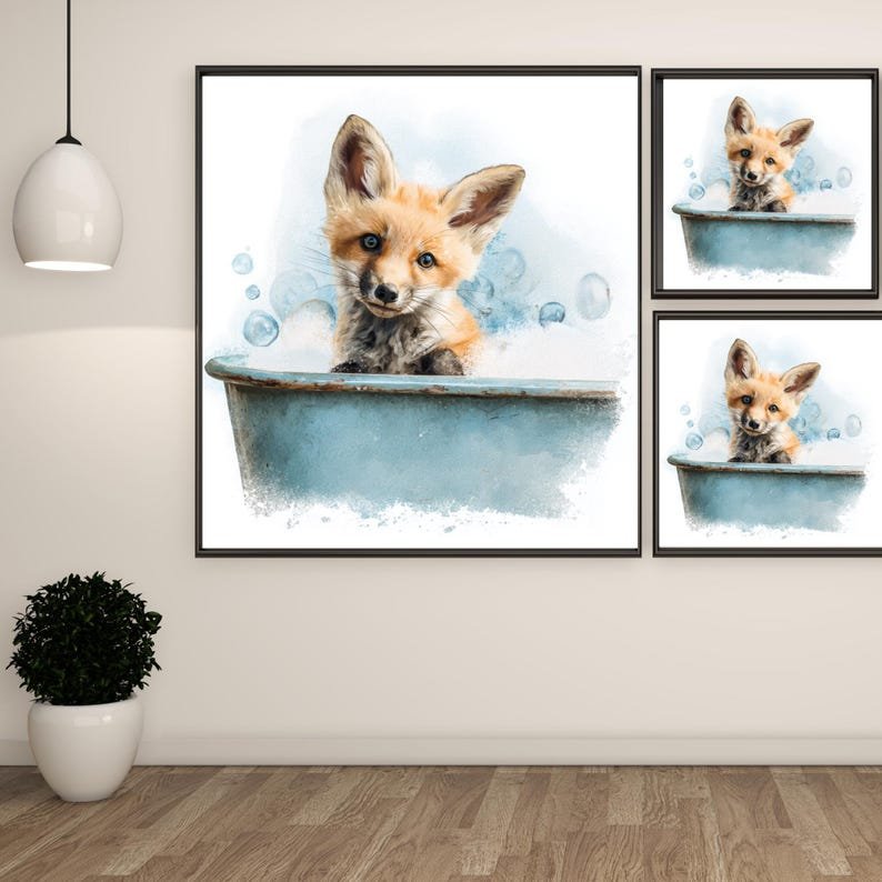 Baby Fox In Bathtub Wall Art, Canvas Or Poster, Whimsical Animal Bathroom Decor, Funny Fox Wall Hanging, Kids Bath Art, Nursery Room Decor - Image 2