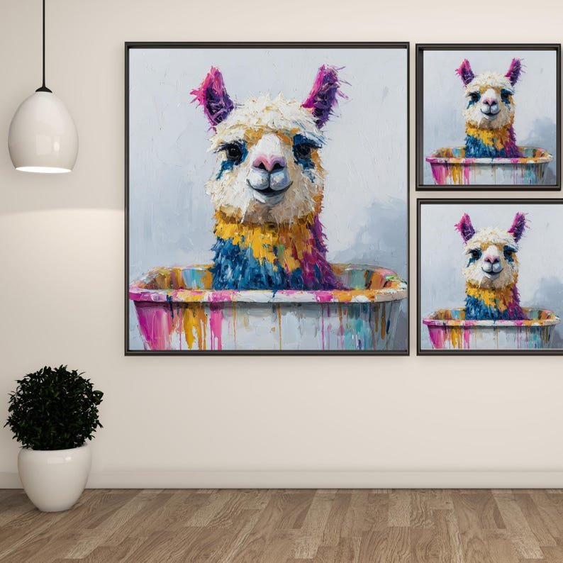 Llama In Bathtub Wall Art, Canvas Or Poster, Colorful Bathroom Decor, Whimsical Animal Painting, Kids Bathroom Decor, Alpaca Wall Hanging - Image 2