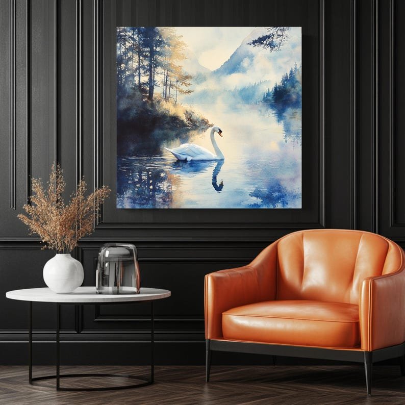 Swan Wall Art, Canvas or Poster, Lake Landscape Painting, Nature Decor, Watercolor Swan Art, Tranquil Wall Art for Bedroom Living Room - Image 3