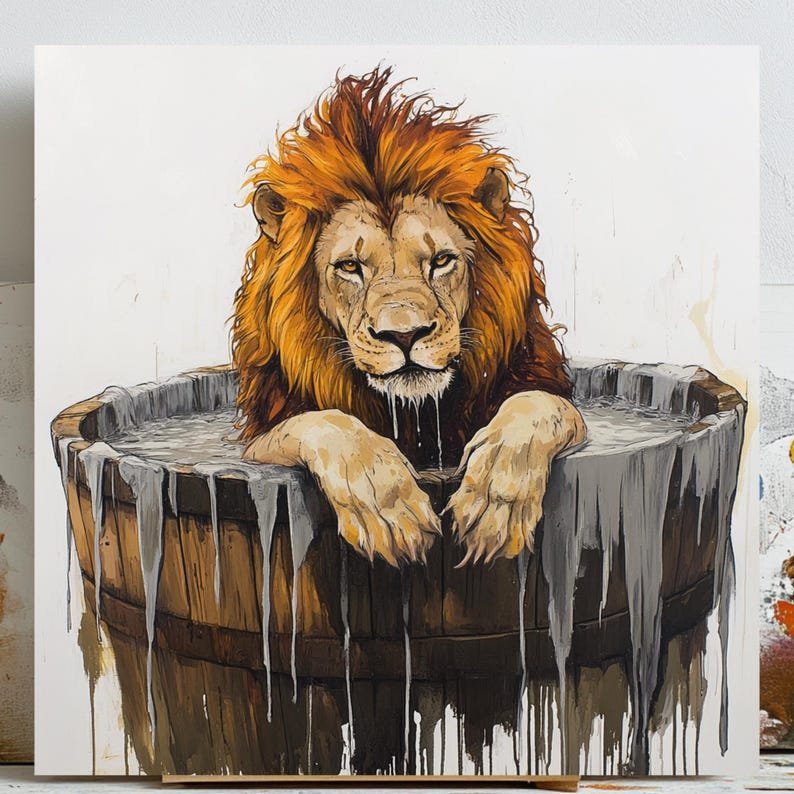 Lion in Bathtub Wall Art, Poster or Canvas, Funny Bathroom Decor,Quirky Animal Print,Whimsical Lion Poster,Playful Art for Home or Kids Room