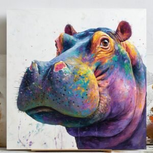 Colorful Hippo Wall Art, Canvas Or Poster, Vibrant Hippopotamus Painting, Modern Animal Decor,Kids Room Wall Art,Whimsical Safari Home Decor