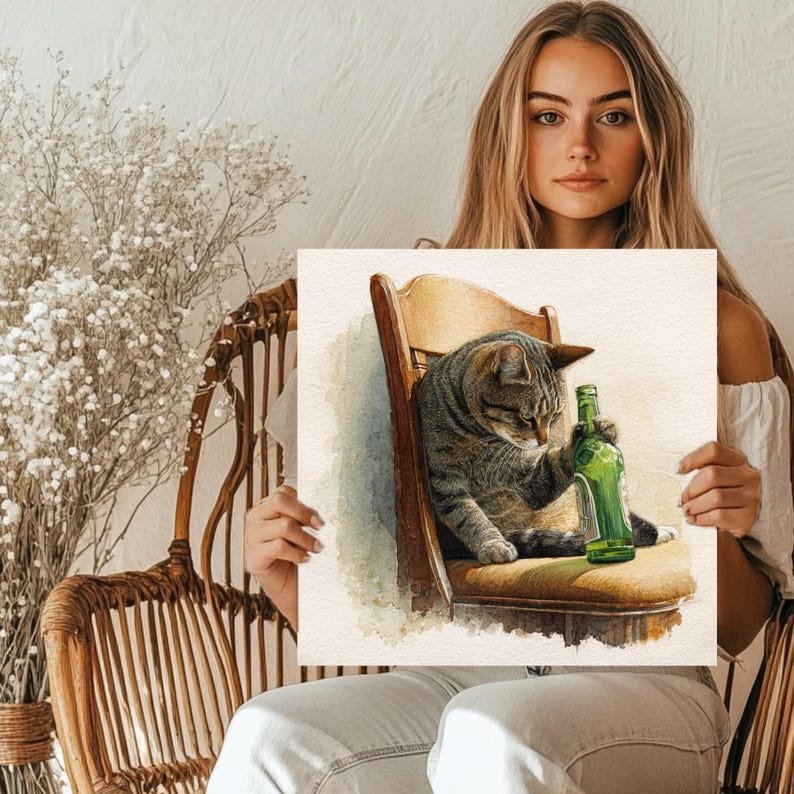 Cat With Bottle Art, Canvas Or Poster, Whimsical Animal Decor, Funny Wall Art, Home Decor, Unique Cat Artwork, Living Room Hanging - Image 5