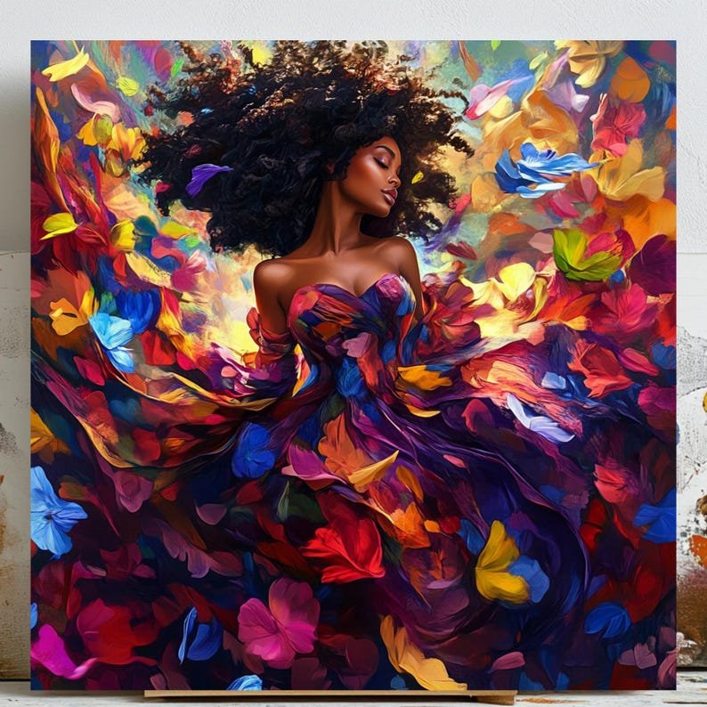 Black Woman Wall Art Print, Canvas or Poster, Black Girl Art, Living Room Bedroom Office Wall Art, Afrocentric Decor, Elegant Lady Floral