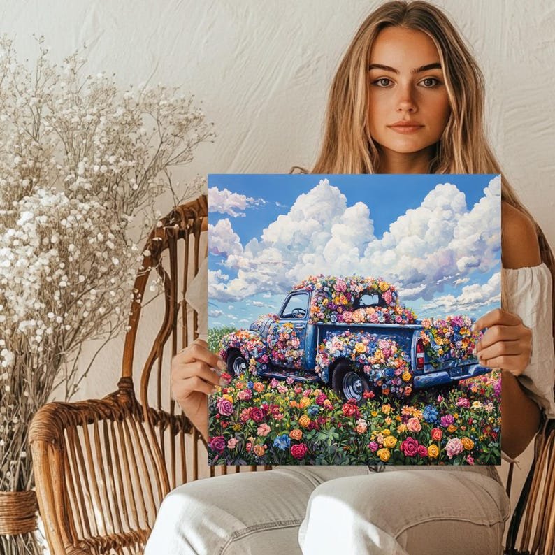Floral Truck Print: Rustic Blue Farmhouse Decor (Printable Wall Art) - Image 5