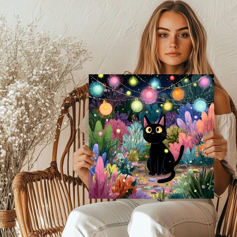 Black Cat Wall Art, Canvas or Poster, Whimsical Cat Wall Decor, Night Garden Art, Magical Cat Painting, Living Room Kids Room Decor - Image 5