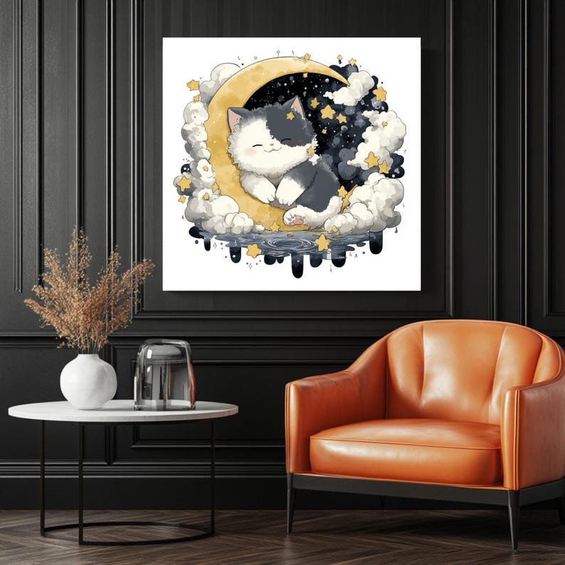 Cute Moon Cat Wall Art, Canvas Or Poster, Unique Wall Decor, Nursery Decor, Home Decor, Cat Wall Hanging, Dreamy Cat, Kids Room Decor - Image 3