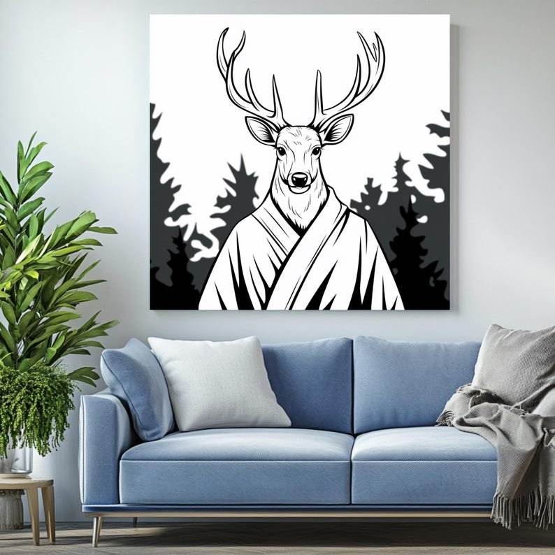 Deer In Robe Wall Art, Canvas or Poster, Forest Animal Decor, Whimsical Woodland Wall Hanging, Modern Rustic Style, Bathroom Decor - Image 4