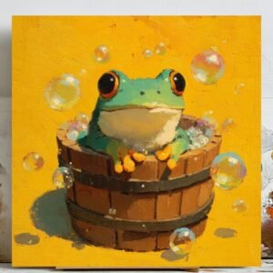 Frog In Bathtub, Canvas Or Poster, Animal Wall Art, Whimsical Frog Painting, Cute Bath Scene, Kids Bathroom Wall Decor, Playful Frog Print