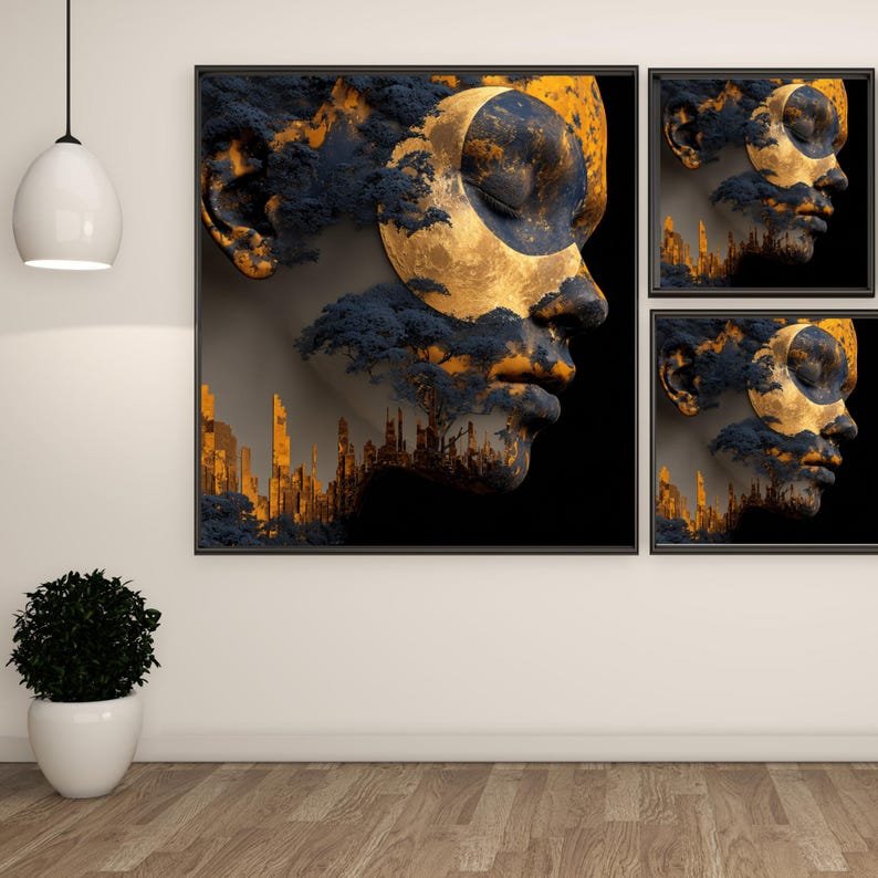 Moon Face Wall Art, Canvas or Poster, Surreal Portrait Decor, Celestial Night Artwork, Bedroom Wall Hanging, Dreamy Home Wall Art - Image 2