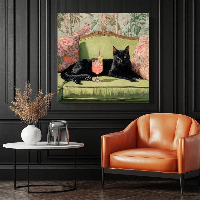 Black Cat on Sofa Wall Art, Canvas or Poster, Whimsical Animal Decor, Living Room Bedroom Lounge Wall Art, Cat Wall Hanging, Cat Art - Image 3