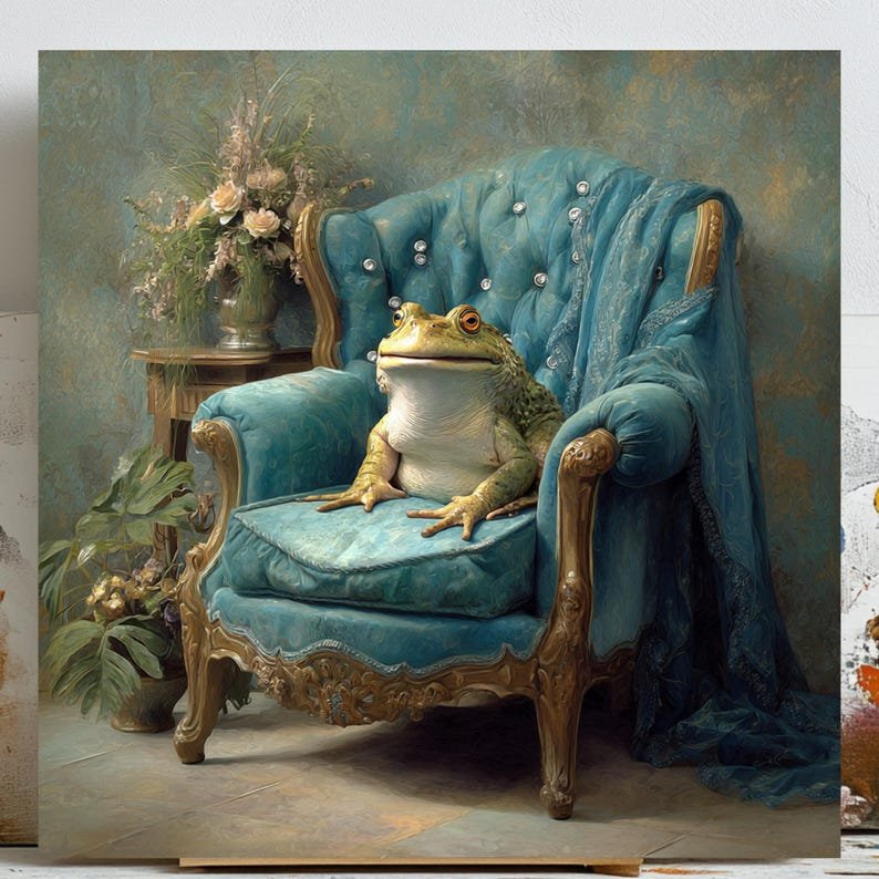 Royal Frog on Blue Chair Art, Canvas or Poster, Whimsical Glam Decor, Living Room Bedroom Office Wall Art, Green Blue Gold Tones, Frog Print