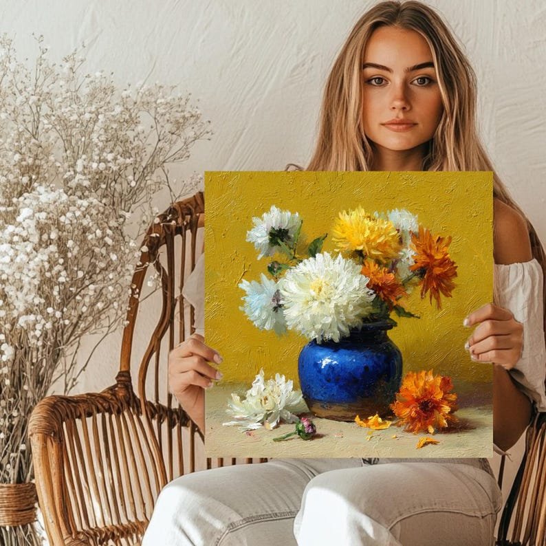 Yellow Floral Wall Art, Canvas Or Poster, Impasto Flower Oil Painting, Blue Vase Decor, Vibrant Still Life, Kitchen Decor, Farmhouse Art - Image 5