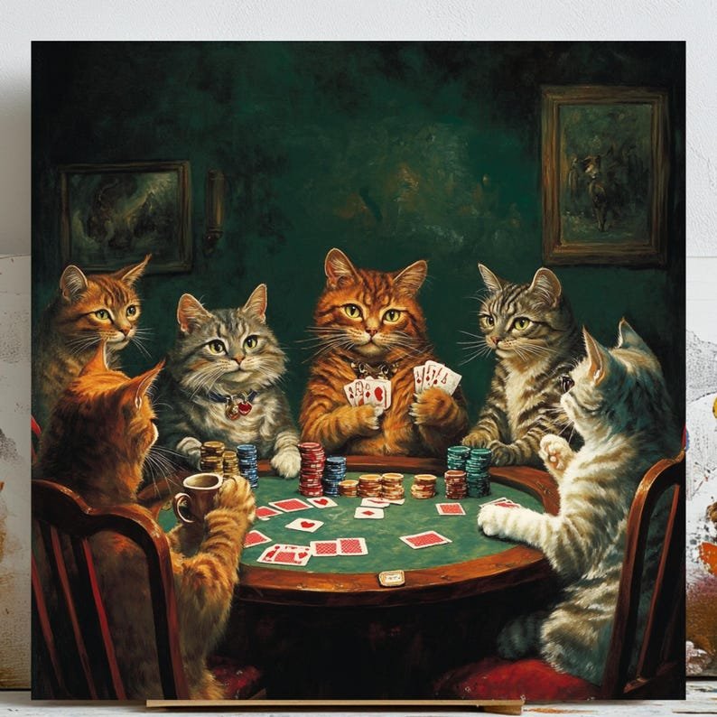 Cat Poker Art, Canvas or Poster, Whimsical Pop Art Decor, Living Room Game Room Office Wall Art, Brown Gold Multicolor Green