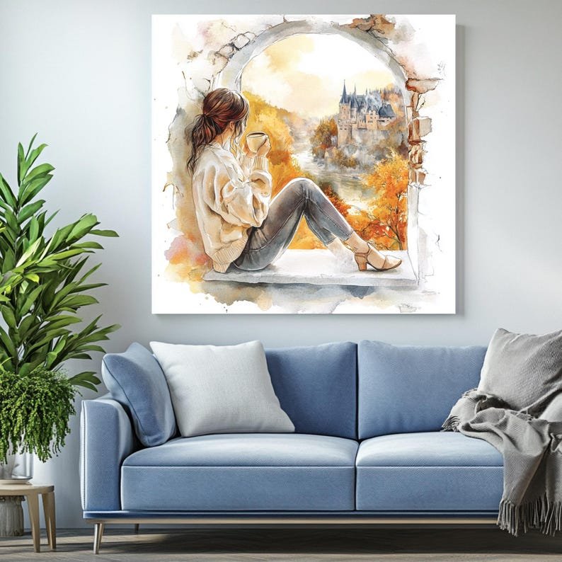 Fall Window View Wall Art, Coffee Aesthetic Print, Cozy Autumn Decor, Watercolor Landscape Painting,Feminine Wall Art,Home Office Wall Decor - Image 4