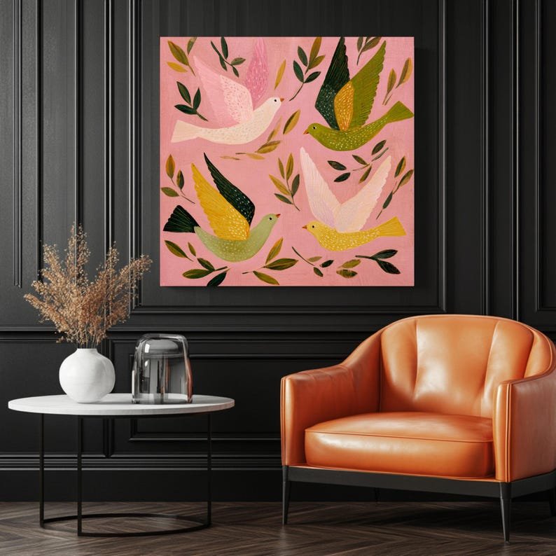 Colorful Birds Wall Art, Canvas or Poster, Whimsical Nature Decor, Living Room Bedroom Nursery Wall Art, Pink Green Yellow Design, Home Art - Image 3
