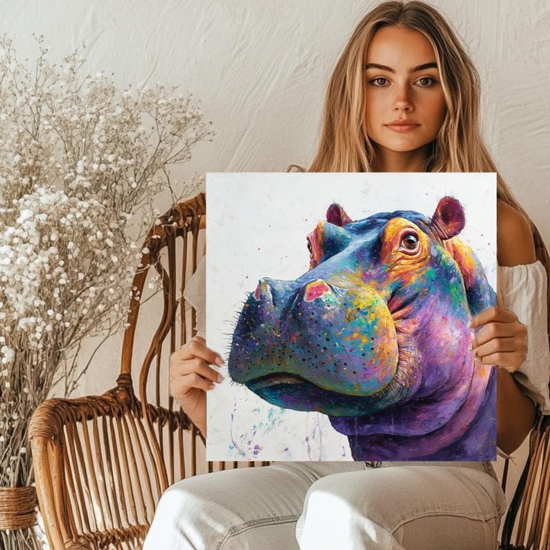 Colorful Hippo Wall Art, Canvas Or Poster, Vibrant Hippopotamus Painting, Modern Animal Decor,Kids Room Wall Art,Whimsical Safari Home Decor - Image 3