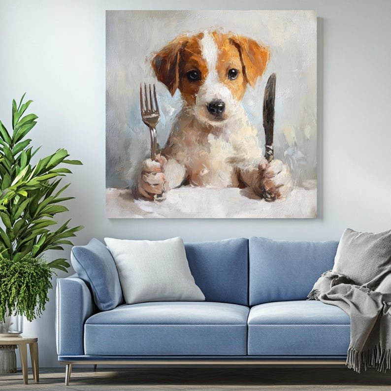 Hungry Puppy Wall Art, Canvas or Poster, Cute Dog Painting, Kitchen Wall Decor, Dining Room Animal Art, Playful Pet, Gift for Dog Lovers - Image 4