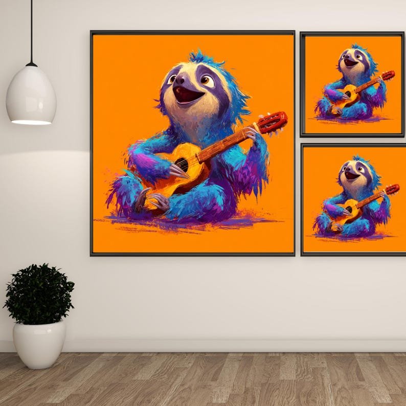 Sloth Playing Guitar Wall Art, Canvas Or Poster, Animal Music Decor, Kids Room Art, Living Room Decor, Musical Wall Hanging, Sloth Art - Image 2