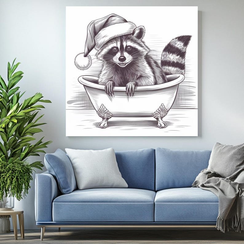 Christmas Raccoon Art, Canvas Or Poster, Christmas Decor, Holiday Art, Bathtub Art, Animal Bathroom Art, Raccoon In Bathtub, Bathroom Decor - Image 4