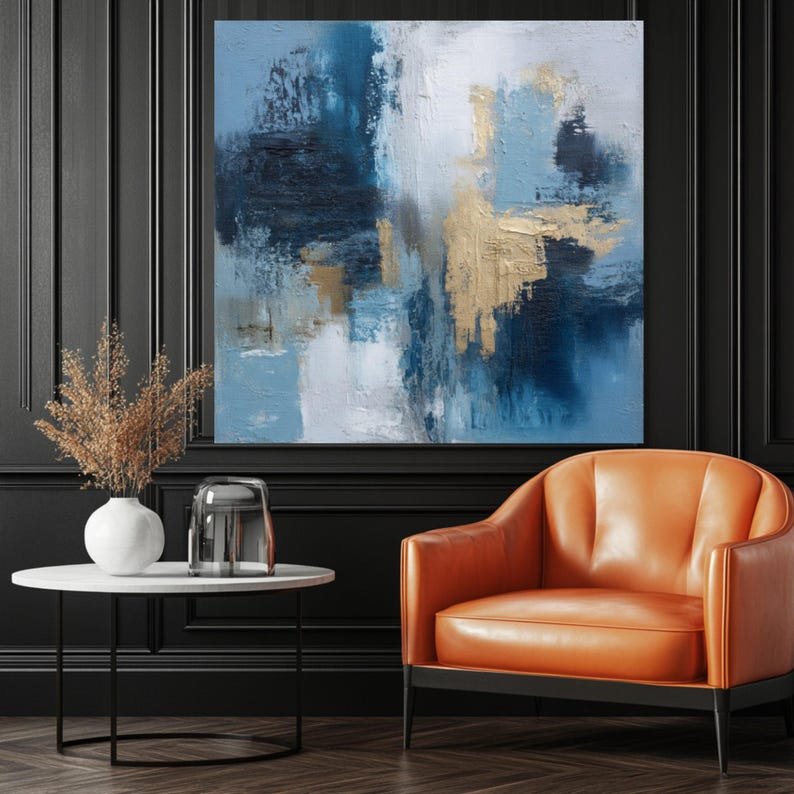 Textured Blue Gold Wall Art, Canvas or Poster, Modern Abstract Painting, Elegant Home Decor, Living Room Bedroom Wall Hanging, Office Art - Image 4
