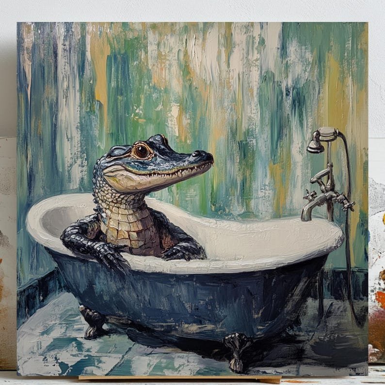 Crocodile In Bathtub, Canvas Or Poster, Bathroom Wall Art, Wildlife-Inspired Art, Contemporary Animal Art, Bathroom Wall Decor, Home Decor