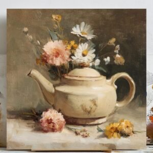 Teapot Floral Wall Art, Canvas Or Poster, Vintage Still Life Painting, Kitchen Decor, Farmhouse Floral Art, Rustic Home Decor, Flower Vase