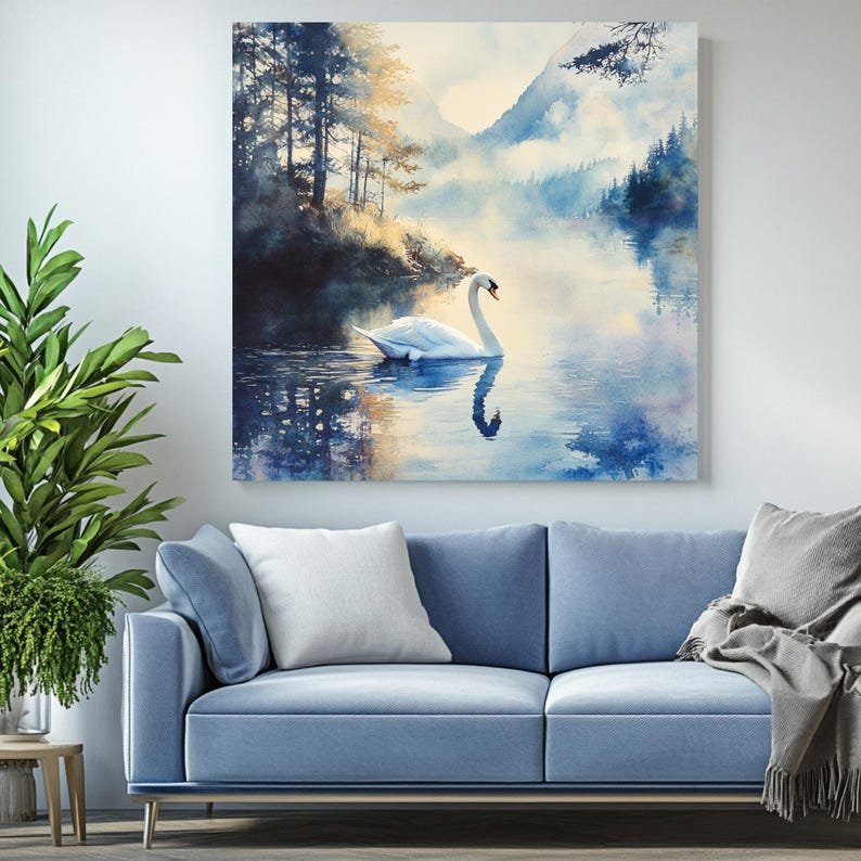 Swan Wall Art, Canvas or Poster, Lake Landscape Painting, Nature Decor, Watercolor Swan Art, Tranquil Wall Art for Bedroom Living Room - Image 4