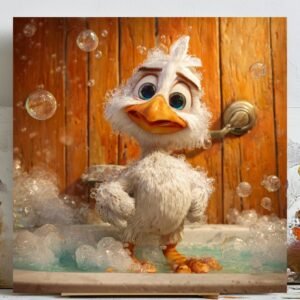 Adorable Bubble Bath Duck Wall Art, Canvas or Poster, Whimsical Animal Bathroom Decor, Playful Modern Artwork, Rustic Wooden Design
