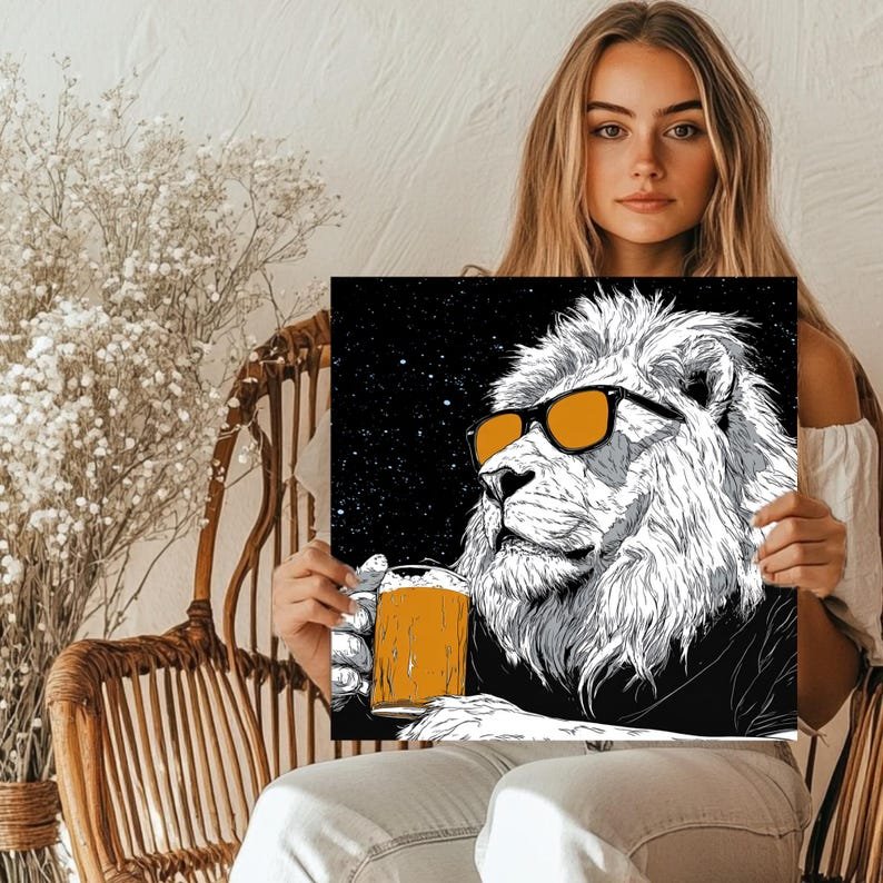 Cosmic Cool Lion Wall Art, Canvas or Poster, Pop Art Whimsical Decor, Game Room Home Bar Living Room Office Wall Art, Orange Black Grey - Image 5
