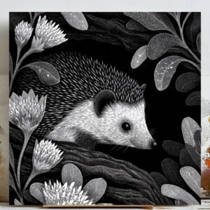 Hedgehog Wall Art, Black and White Print, Nursery Decor, Woodland Animal Art, Kids Room Decor, Bedroom Wall Art, Floral Ink Drawing Design