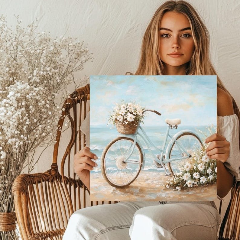 Beach Bicycle Blossom Art, Poster or Canvas, Impressionism Coastal Bohemian Decor, Living Room Bedroom Wall Art, Blue Beige Multicolor Teal - Image 5