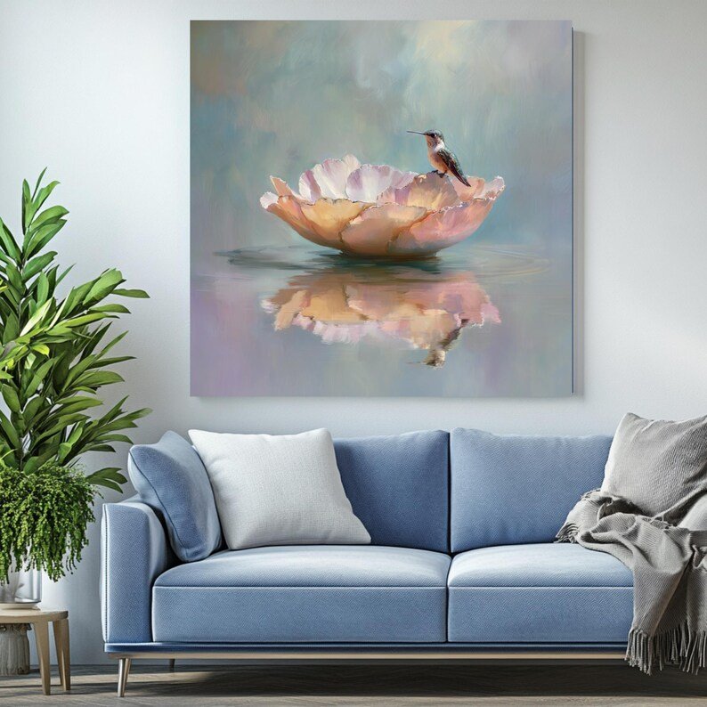 Hummingbird Wall Art, Canvas or Poster, Floral Bird Painting, Pastel Home Decor, Impressionist Nature Art, Soft Pink Flower, Zen Wall Decor - Image 3